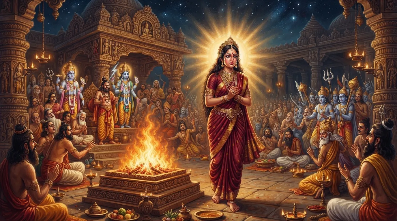 माता सती यज्ञ की धधकती अग्नि के सामने खड़ी हैं, उनकी आँखों में पीड़ा और दृढ़ निश्चय है। उनके चारों ओर खड़े ऋषि-मुनि और देवता स्तब्ध और भयभीत हैं। पृष्ठभूमि में दक्ष का भव्य यज्ञ मंडप है।