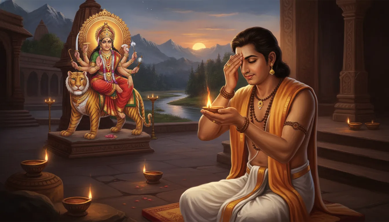 एक भक्त श्रद्धा से आरती की लौ पर हाथ घुमाकर अपनी आँखों और सिर पर लगा रहा है, चेहरे पर शांति और भक्ति का भाव हो।