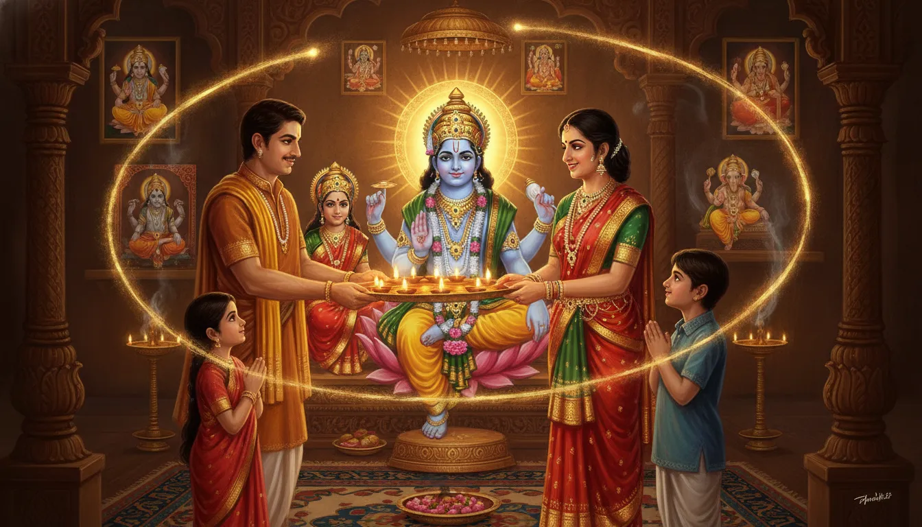 एक घर के मंदिर में परिवार के लोग प्रेम से आरती कर रहे हैं, थाली गोल घूम रही है, प्रकाश फैल रहा है।