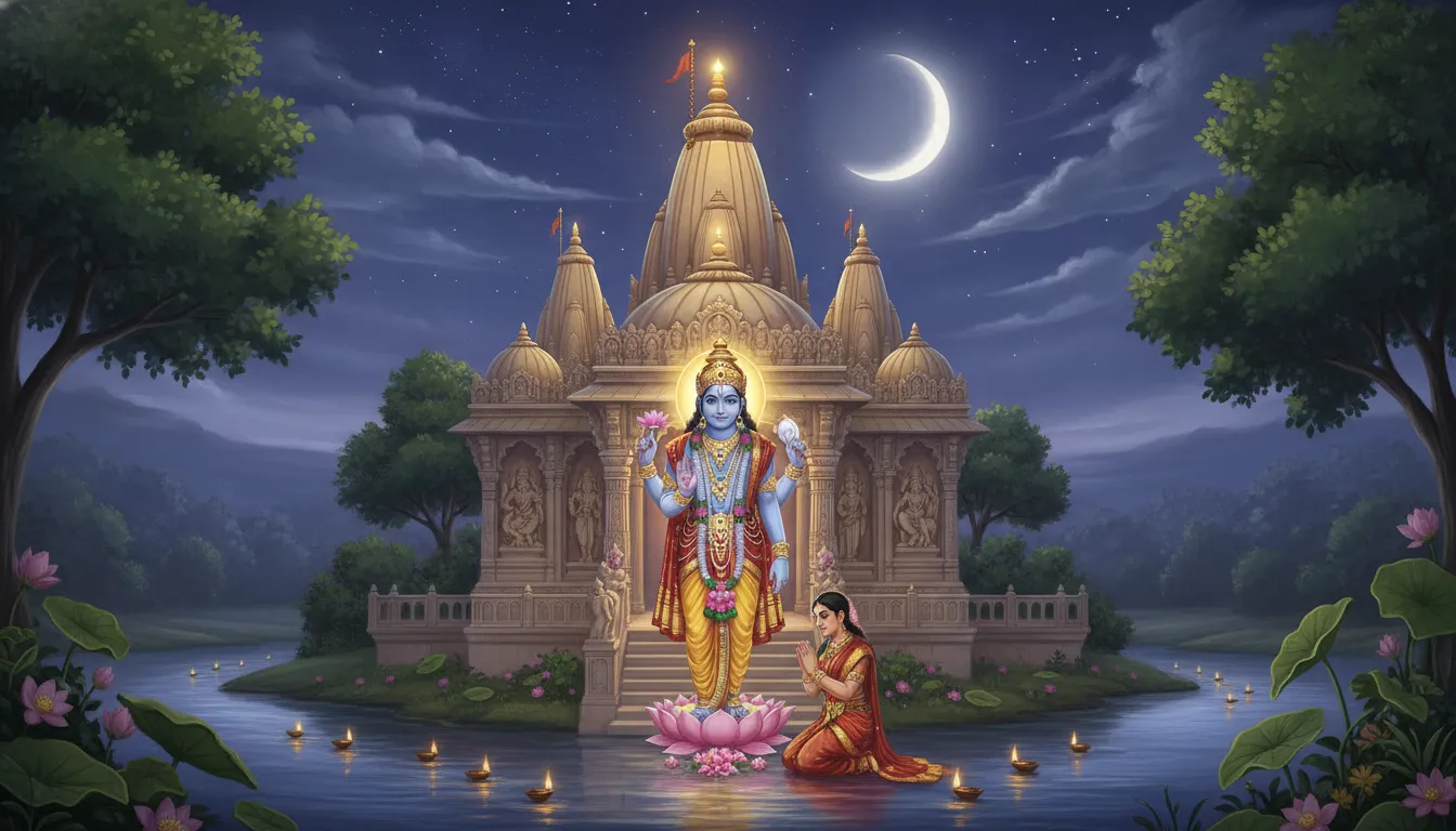 एक शांत नदी के किनारे एक सुंदर मंदिर, उसके ऊपर आकाश में तारे और चाँद चमक रहे हैं, प्रकृति के तत्वों का सुंदर मेल।