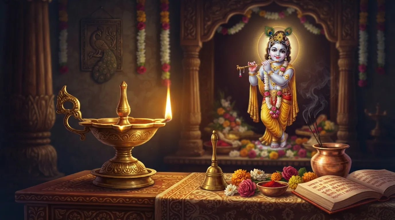 एक शांत और पवित्र घर के पूजा कक्ष में पीतल का एक सुंदर सा दीपक जल रहा है। उसकी एक लौ सीधी और सुनहरी चमक रही है। पृष्ठभूमि में भगवान कृष्ण की एक छोटी सी मूर्ति धुंधली सी दिखाई दे रही है।