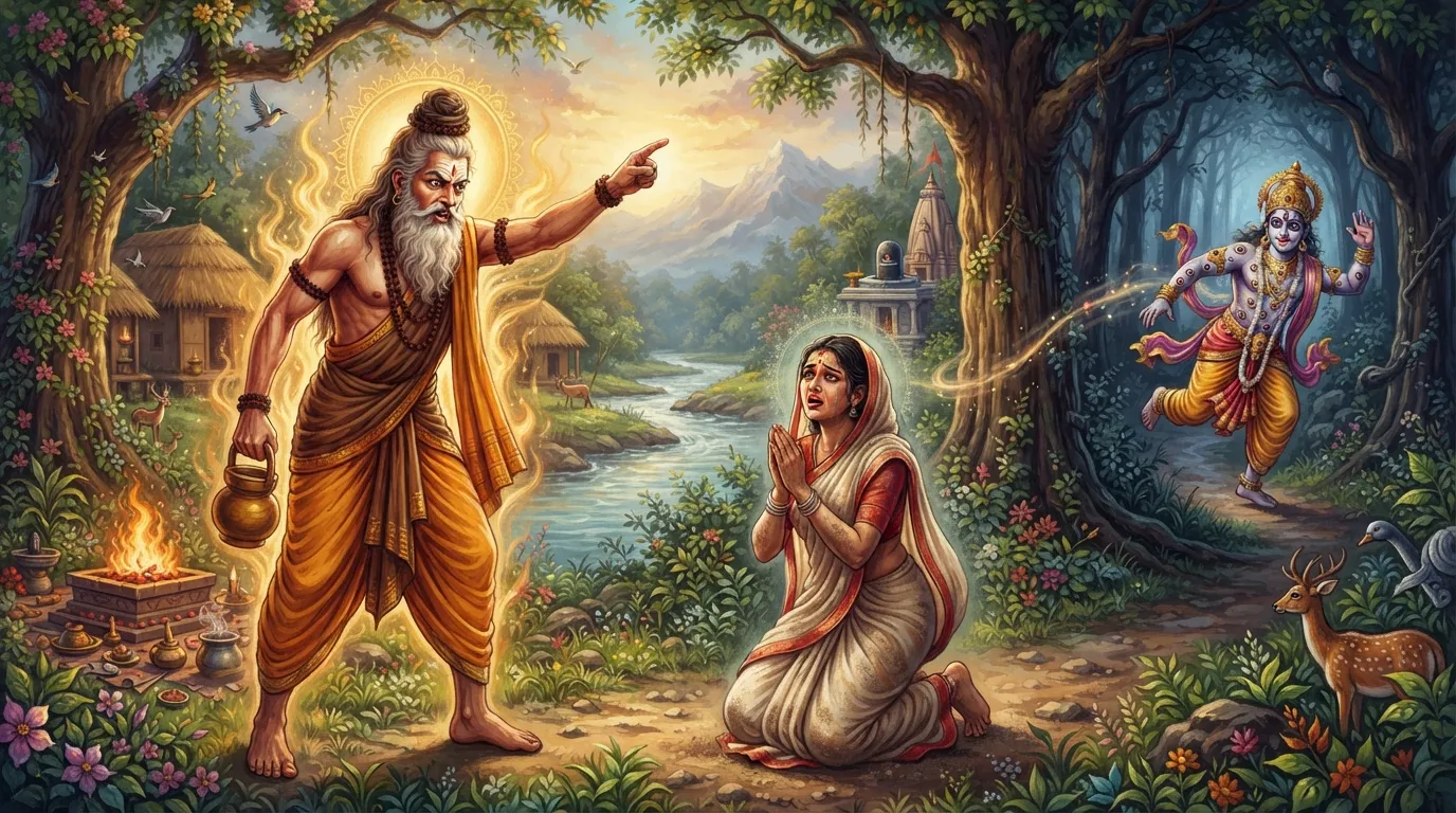 एक शांत और पवित्र आश्रम का दृश्य। क्रोधित गौतम ऋषि अपना कमंडल उठाए हुए हैं और उनका हाथ श्राप देने की मुद्रा में है। उनके सामने देवी अहिल्या भय और दुख से कांप रही हैं, जबकि पृष्ठभूमि में इंद्र अपने असली रूप में डरकर भागता हुआ दिखाई दे रहा है।
