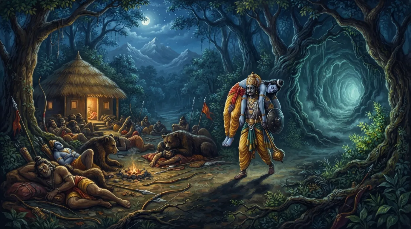 आधी रात का दृश्य, श्री राम की कुटिया के बाहर सोती हुई वानर सेना। विभीषण के भेष में मायावी अहिरावण चुपके से मूर्छित श्री राम और लक्ष्मण को अपने कंधों पर उठाकर पाताल लोक की ओर ले जा रहा है। दृश्य में रहस्य और संकट का भाव हो।
