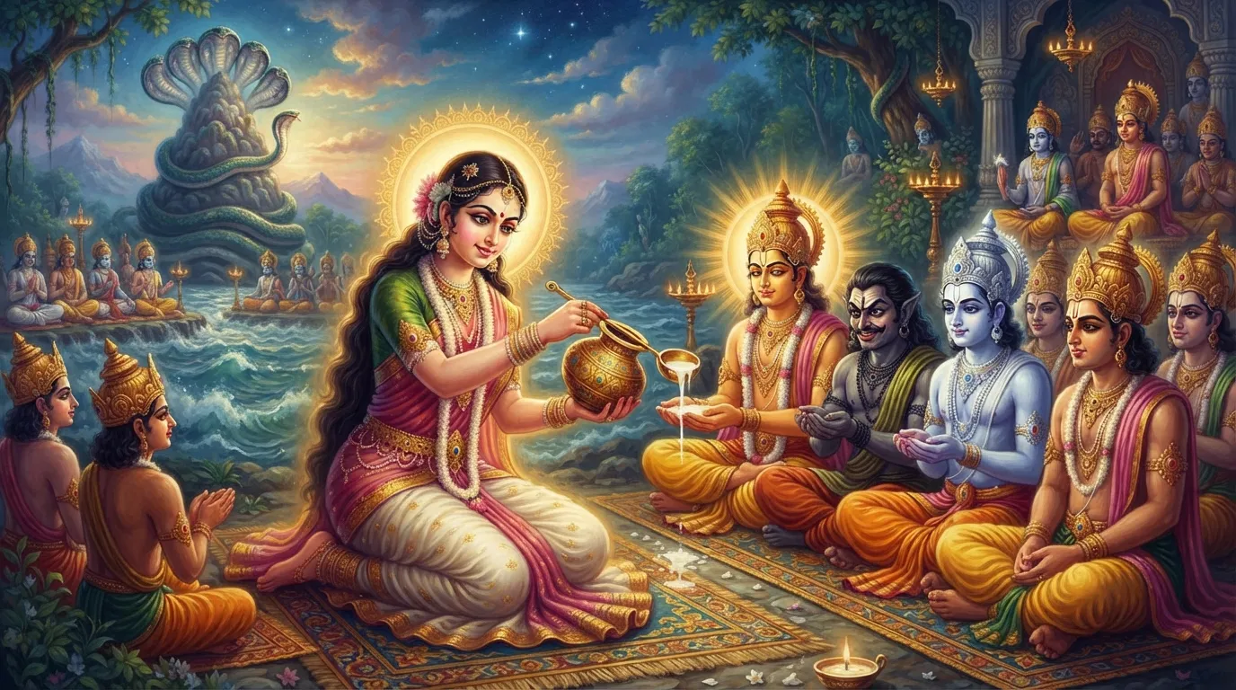 भगवान विष्णु मोहिनी के सुंदर रूप में देवताओं को अमृत पिला रहे हैं। देवताओं की पंक्ति में सूर्य और चंद्र देव के बीच असुर स्वरभानु देवता का वेश धरकर चुपके से बैठा है और अपनी बारी की प्रतीक्षा कर रहा है।