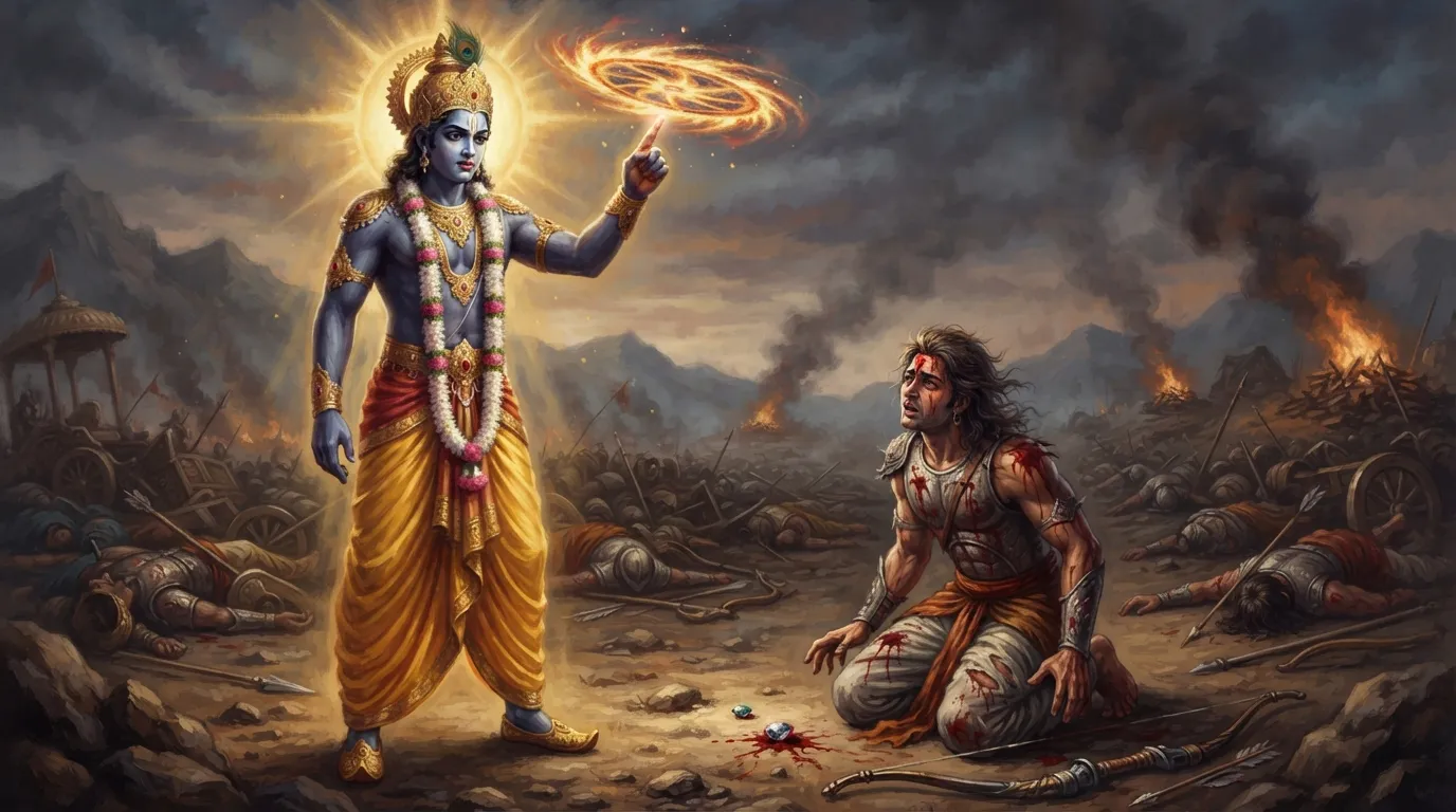 भगवान कृष्ण, क्रोध और दुःख से भरे हुए, अपनी सुदर्शन चक्र की उंगली उठाए हुए अश्वत्थामा को श्राप दे रहे हैं। अश्वत्थामा घुटनों पर गिरा है, उसके माथे से मणि निकल चुकी है और खून बह रहा है। पृष्ठभूमि में युद्ध का मैदान और धुआँ है।