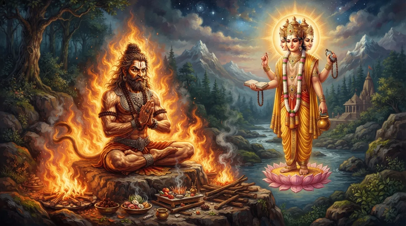 एक शक्तिशाली असुर, जैसे हिरण्यकशिपु, घोर तपस्या कर रहा है। उसके चारों ओर अग्नि की लपटें हैं और उसके शरीर से तेज निकल रहा है। उसके सामने शांत और सौम्य भाव से ब्रह्मा जी प्रकट हुए हैं।