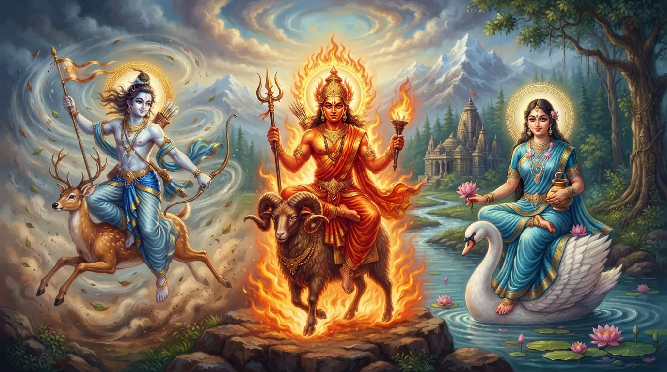 तीन प्रतीकात्मक मानव आकृतियाँ जो वात, पित्त और कफ की ऊर्जा का प्रतिनिधित्व करती हैं। वात के लिए हवा और गति, पित्त के लिए अग्नि और तीव्रता, और कफ के लिए जल और स्थिरता का दृश्य चित्रण।