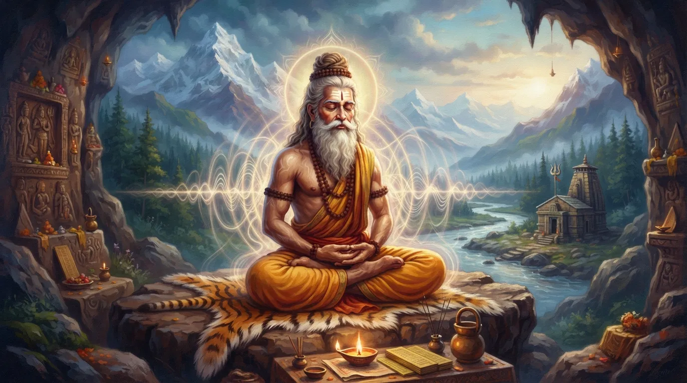 शांत ध्यान में बैठे एक प्राचीन ऋषि, जिनके चारों ओर प्रकाश की सूक्ष्म तरंगें (vibrations) दिख रही हैं।