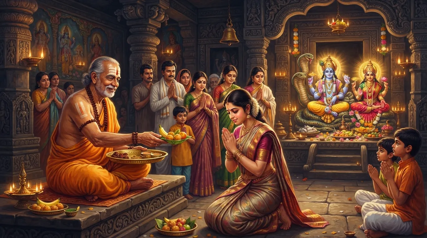 एक मंदिर के पुजारी भक्तों को प्रसाद बांट रहे हैं। लोगों ने श्रद्धा से हाथ जोड़े हुए हैं और वे केले के पत्ते या छोटे दोनों में प्रसाद ले रहे हैं। माहौल भक्तिमय और शांत है।
