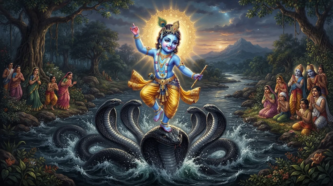 बाल कृष्ण यमुना नदी में विशाल काले सर्प कालिया के फन पर नृत्य कर रहे हैं, उनका नीला शरीर चमक रहा है और चेहरे पर दिव्य मुस्कान है