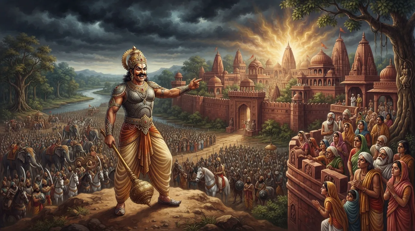 कालयवन अपनी विशाल सेना के साथ मथुरा के बाहर खड़ा है, उसके चेहरे पर अहंकार और विजय का भाव है। आकाश में युद्ध के काले बादल छाए हैं और मथुरा के लोग चिंतित दिख रहे हैं।