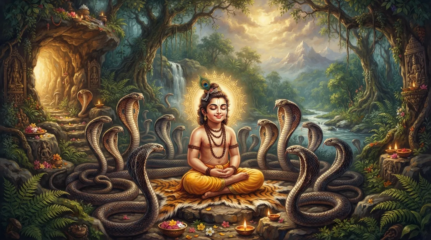 एक शांत और मुस्कुराता हुआ बालक प्रह्लाद, ध्यान में बैठा है, जबकि उसके चारों ओर बड़े-बड़े विषैले साँप फन फैलाए हुए हैं, पर उसे छू नहीं रहे।
