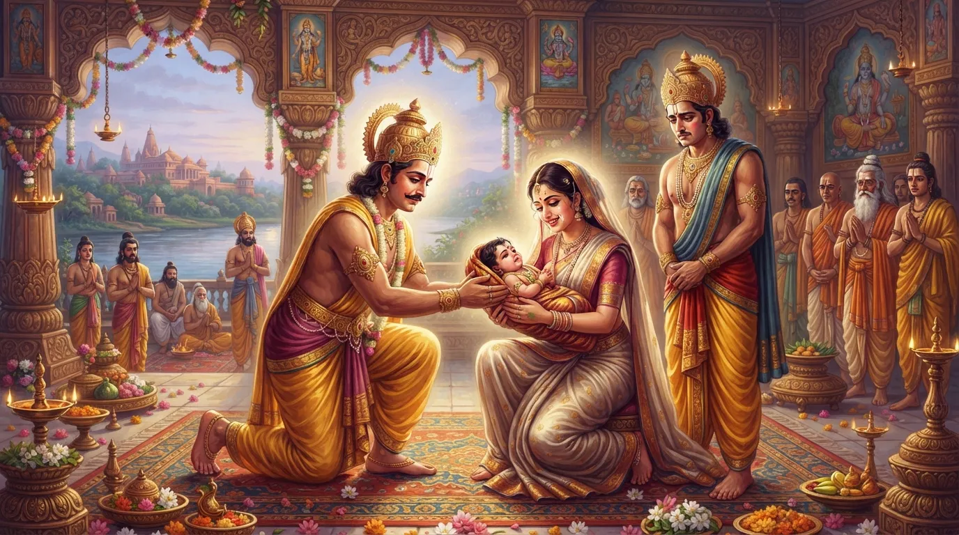 अयोध्या के महल का एक भावुक दृश्य, जहाँ राजा दशरथ अपनी नवजात पुत्री शांता को अंग देश के राजा रोमपाद और रानी वर्षिणी को सौंप रहे हैं। तीनों के चेहरे पर कर्तव्य और वियोग का मिला-जुला भाव है।