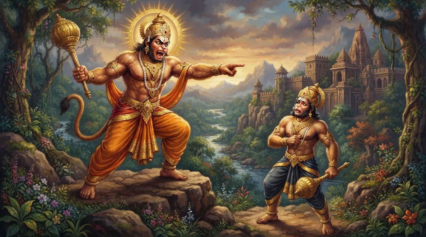 किष्किंधा के शक्तिशाली वानर राजा बालि, अपने छोटे भाई सुग्रीव पर क्रोधित होकर उसे ललकारते हुए