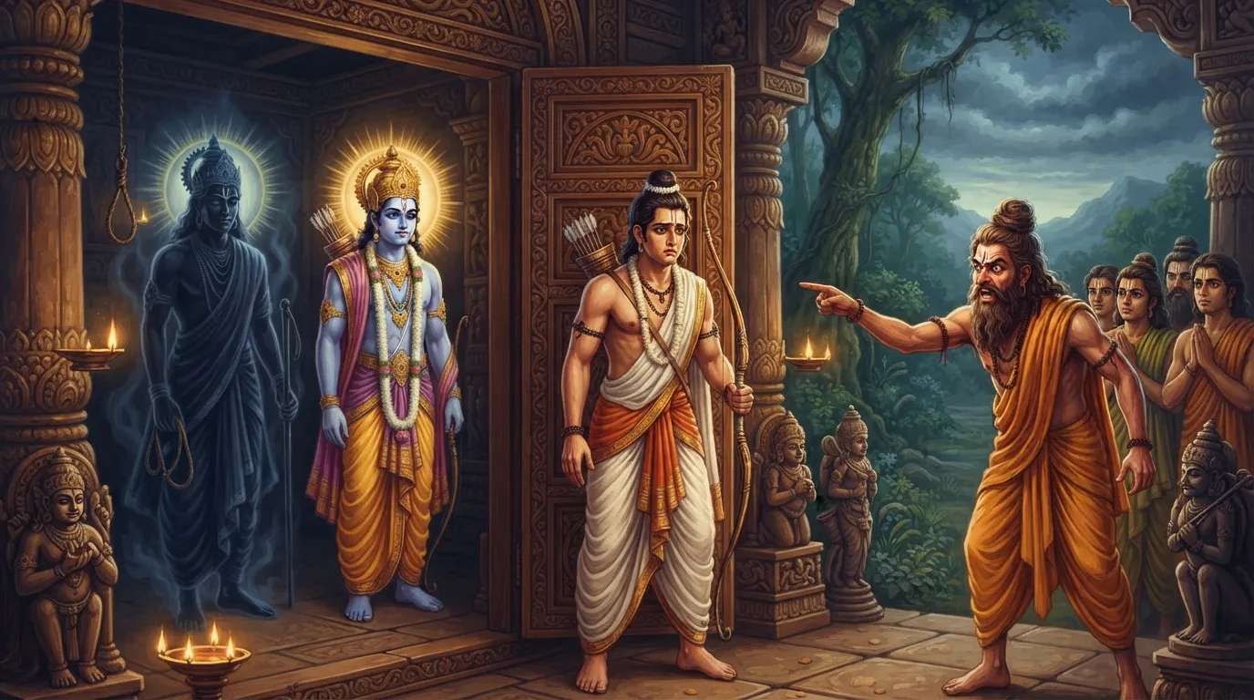 लक्ष्मण दुविधा में द्वार पर खड़े हैं, एक ओर भीतर राम और यमराज की छाया है, दूसरी ओर क्रोधित दुर्वासा ऋषि खड़े हैं।