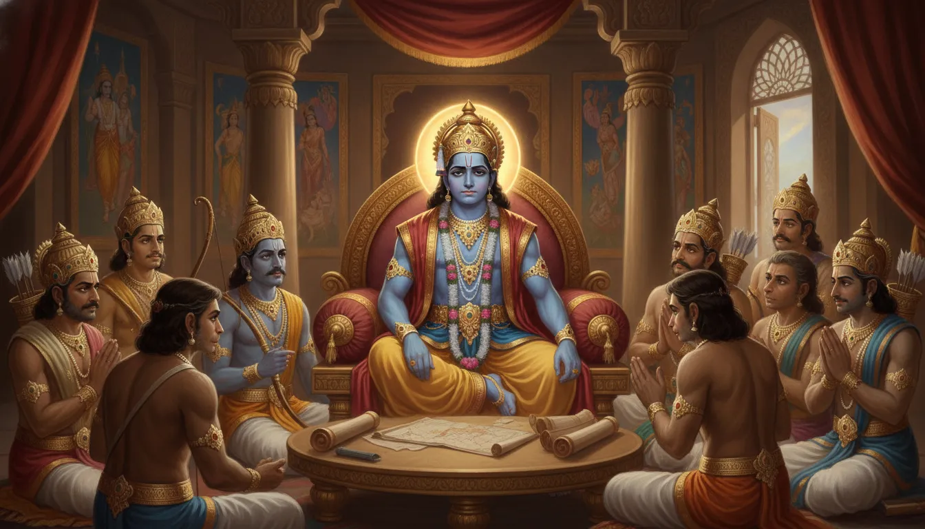 भगवान राम अपनी सभा में बैठे हुए हैं, उनके चेहरे पर चिंता और कर्तव्य का बोझ स्पष्ट दिख रहा है, वे अपने मंत्रियों से परामर्श कर रहे हैं