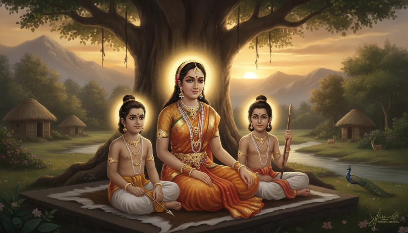 माता सीता वाल्मीकि आश्रम में अपने दोनों पुत्रों, लव और कुश के साथ शांत और तेजस्वी मुद्रा में बैठी हुई हैं, उनके चेहरे पर धैर्य और मातृत्व का तेज है