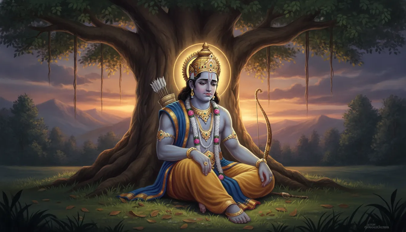 भगवान राम एक पेड़ के नीचे अकेले बैठे हैं, उनके चेहरे पर गहन विचार और उदासी का भाव है, वे अपने कर्तव्य और प्रेम के द्वंद्व में लीन हैं