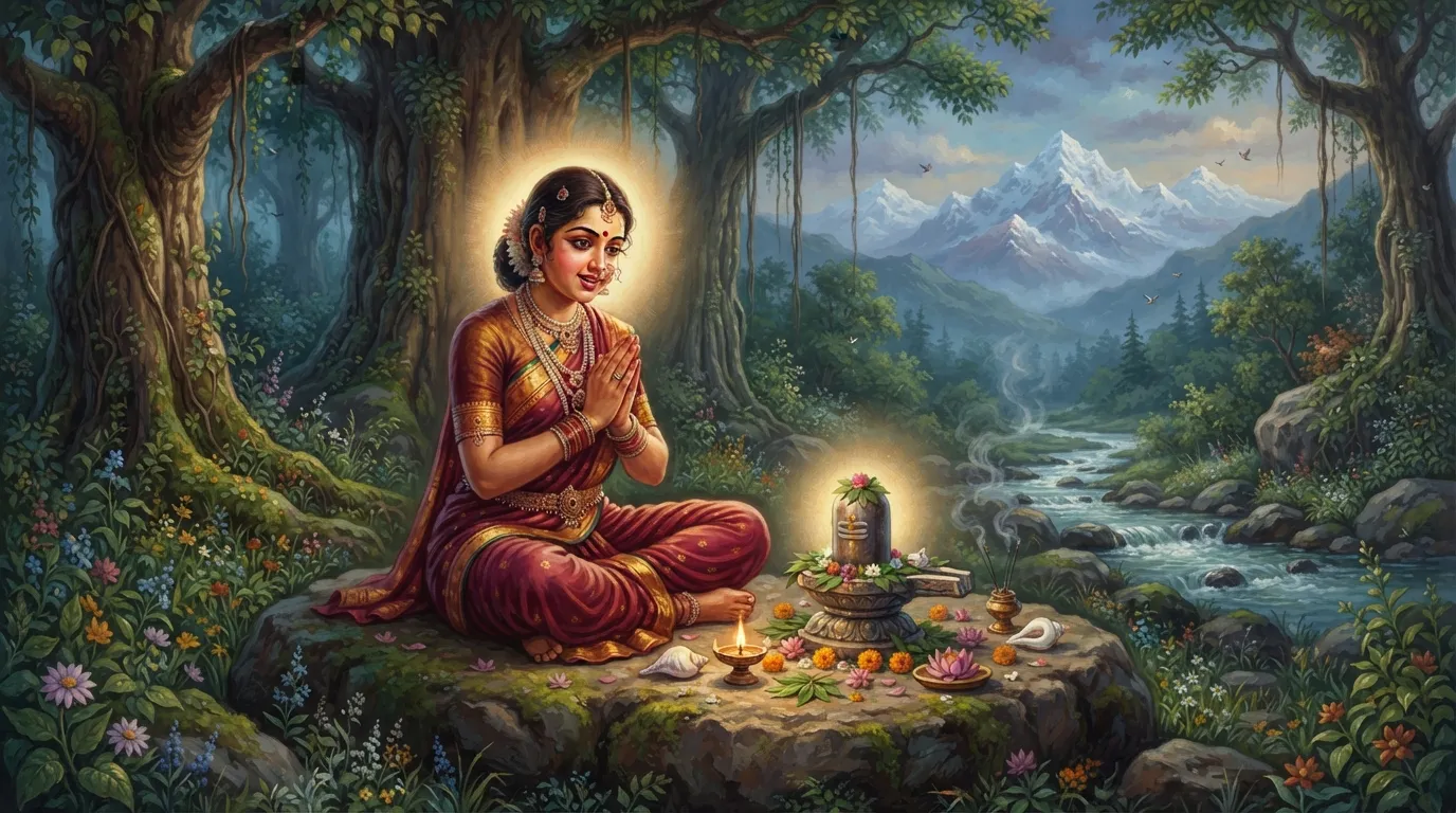 माता अंजना एक शांत जंगल में, एक शिला पर बैठकर भगवान शिव के लिंगम की पूजा कर रही हैं। उनकी आँखों में भक्ति और पुत्र प्राप्ति की कामना है।
