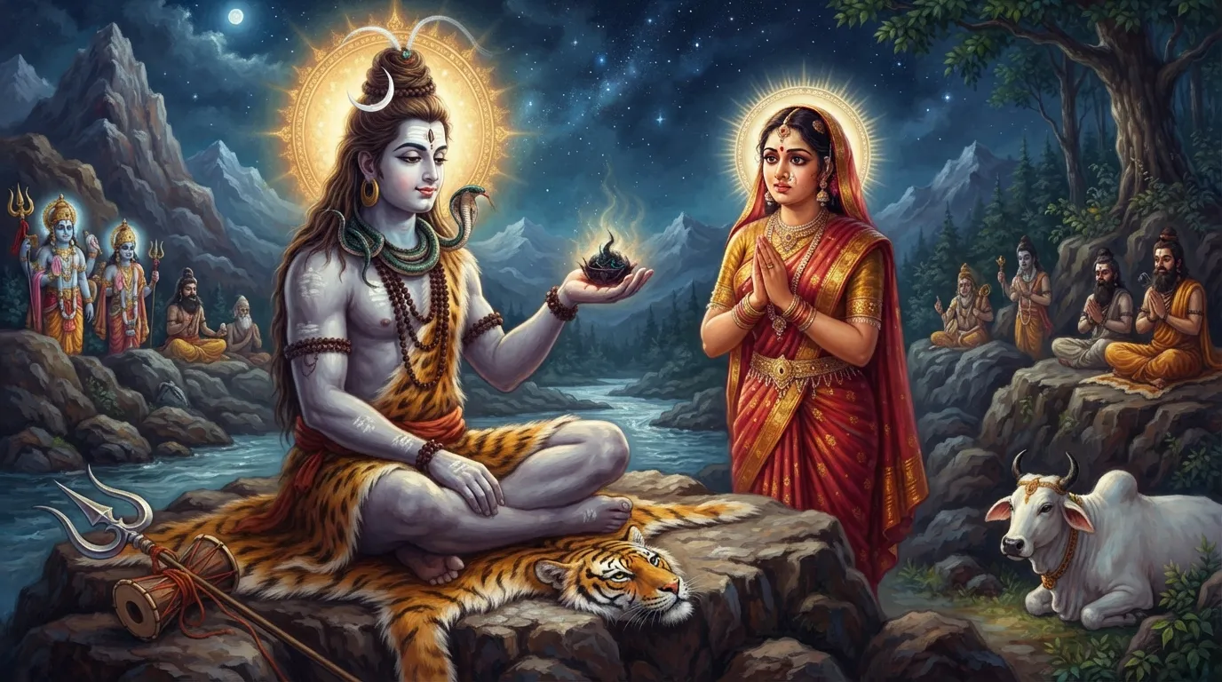 भगवान शिव शांत भाव से अपनी हथेली में हलाहल विष लेकर उसे पीने की तैयारी कर रहे हैं। उनके गले पर हल्का नीला रंग दिखने लगा है। देवी पार्वती उनके पीछे चिंता और भक्ति के भाव से खड़ी हैं।