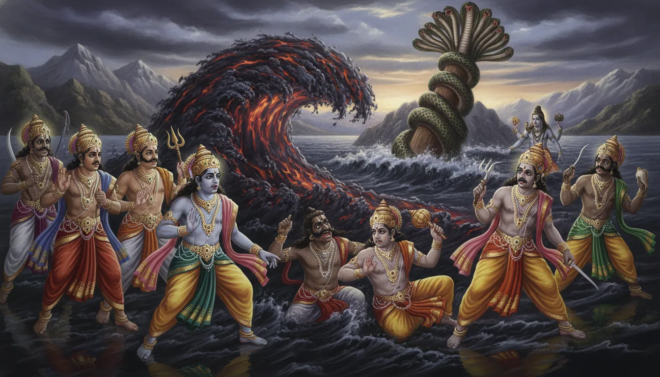 भयभीत देवता और असुर समुद्र से उठते काले, धधकते हलाहल विष को देखकर भाग रहे हैं। पृष्ठभूमि में मंदराचल पर्वत और वासुकी नाग दिखाई दे रहे हैं। दृश्य में सर्वनाश का भय व्याप्त है।