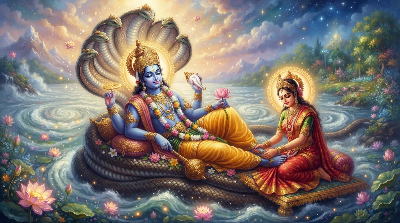 भगवान विष्णु क्षीर सागर में शेषनाग की शैय्या पर शांत भाव से लेटे हुए हैं। उनका वर्ण गहरा नीला है और माँ लक्ष्मी उनके चरणों के पास बैठी हैं। आसपास का वातावरण दिव्य और शांत है।