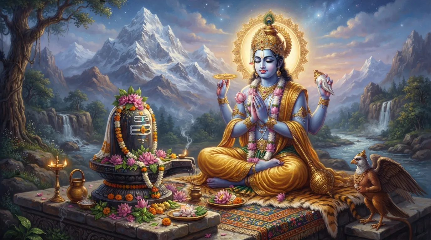भगवान विष्णु कैलाश पर्वत पर आँखें बंद किए शिवजी की पूजा कर रहे हैं, उनके सामने एक भव्य शिवलिंग पर कमल के फूल चढ़े हैं। उनकी मुख-मुद्रा में गहरी भक्ति का भाव है।