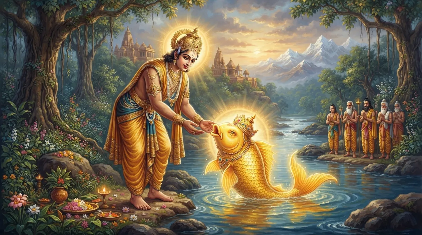 राजा सत्यव्रत एक विशाल सुनहरी मछली को नदी में छोड़ते हुए, जो उनसे बात कर रही है। राजा के चेहरे पर आश्चर्य और भक्ति का भाव है।
