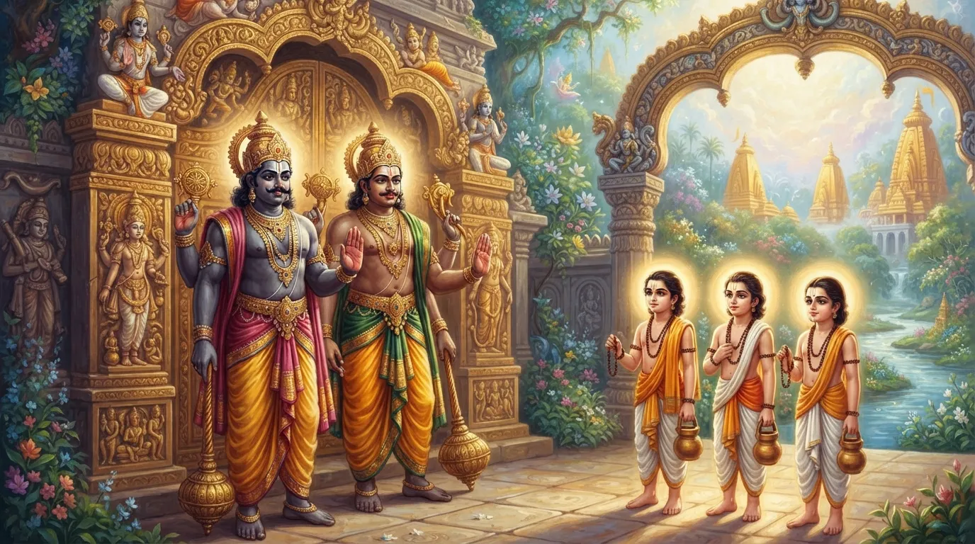 वैकुंठ के भव्य द्वार पर, चार तेजस्वी बाल ऋषि (सनत्कुमार) खड़े हैं और दो शक्तिशाली द्वारपाल, जय और विजय, उन्हें हाथ उठाकर रोक रहे हैं। उनके चेहरे पर कर्तव्य और अज्ञानता का भाव है।