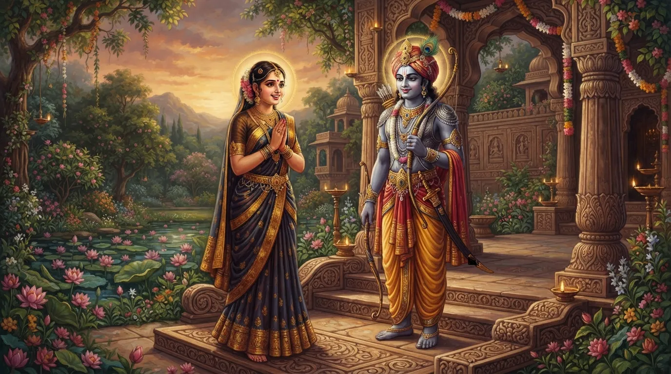 भगवान विष्णु, जालंधर का रूप धारण किए हुए, वृंदा के महल के बाहर खड़े हैं। वृंदा उन्हें देखकर भ्रमित और प्रसन्न हैं।