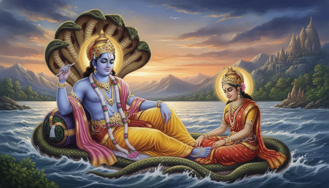 भगवान विष्णु शांत भाव से क्षीरसागर में शेषनाग की कुंडली पर लेटे हुए हैं। देवी लक्ष्मी उनके चरण दबा रही हैं।