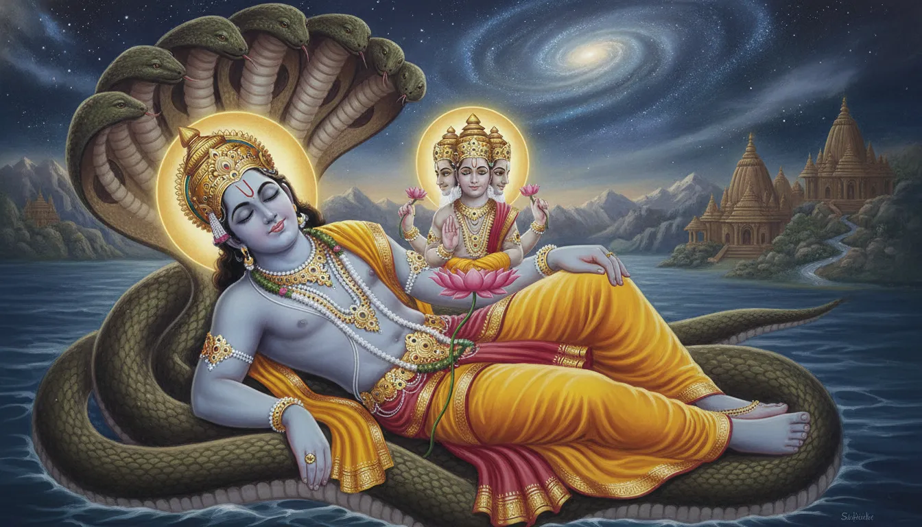 योगनिद्रा में लीन विष्णु की नाभि से एक कमल खिल रहा है, जिस पर चार मुख वाले ब्रह्मा जी विराजमान हैं, उनके चेहरे पर सृष्टि की रचना का भाव है।