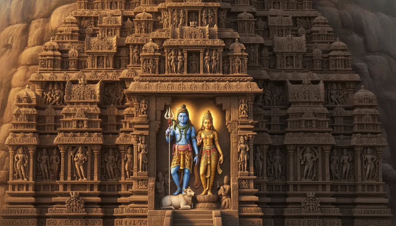 एलोरा के कैलाश मंदिर का एक भव्य दृश्य, जिसमें मंदिर की विशालता और चट्टान से तराशी गई intricate नक्काशी स्पष्ट दिख रही है। सूरज की रोशनी मंदिर के पत्थर पर पड़ रही है, जिससे मंदिर का सुनहरा रंग और उभर कर आ रहा है।