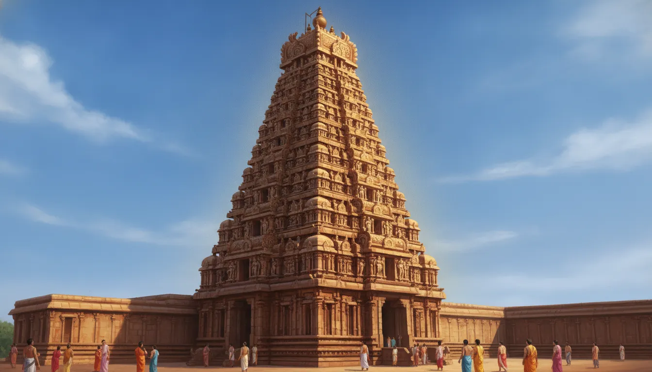 बृहदेश्वर मंदिर का विशाल शिखर (विमानम) आसमान की ओर उठा हुआ दिख रहा है, उसके चारों ओर दोपहर की धूप फैली है, जिससे उसकी भव्यता और बढ़ गई है। मंदिर के पास लोग घूमते दिख रहे हैं।