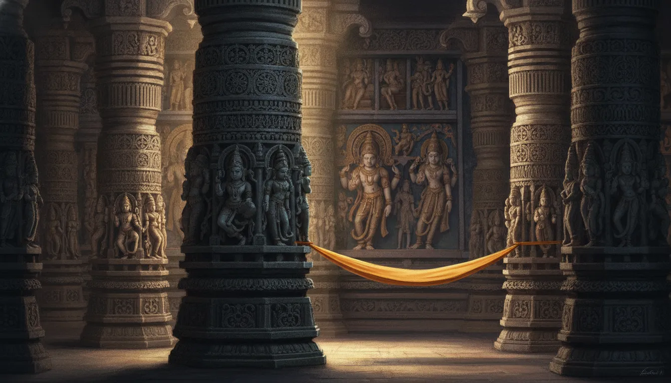लेपाक्षी वीरभद्र मंदिर का वह प्रसिद्ध 'हैंगिंग पिलर' दिख रहा है, जिसके नीचे से एक कपड़े का टुकड़ा आर-पार निकाला जा रहा है, यह दर्शाता है कि खंभा ज़मीन को नहीं छू रहा है। आस-पास के अन्य खंभे और मंदिर की नक्काशी भी दिख रही है।