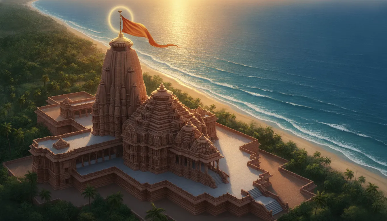 पुरी के जगन्नाथ मंदिर का एक हवाई दृश्य, जिसमें मंदिर का विशाल गुंबद और ऊपर लगा ध्वज दिख रहा है जो हवा की विपरीत दिशा में फहरा रहा है। आसपास समुद्र का किनारा भी दिख रहा है।
