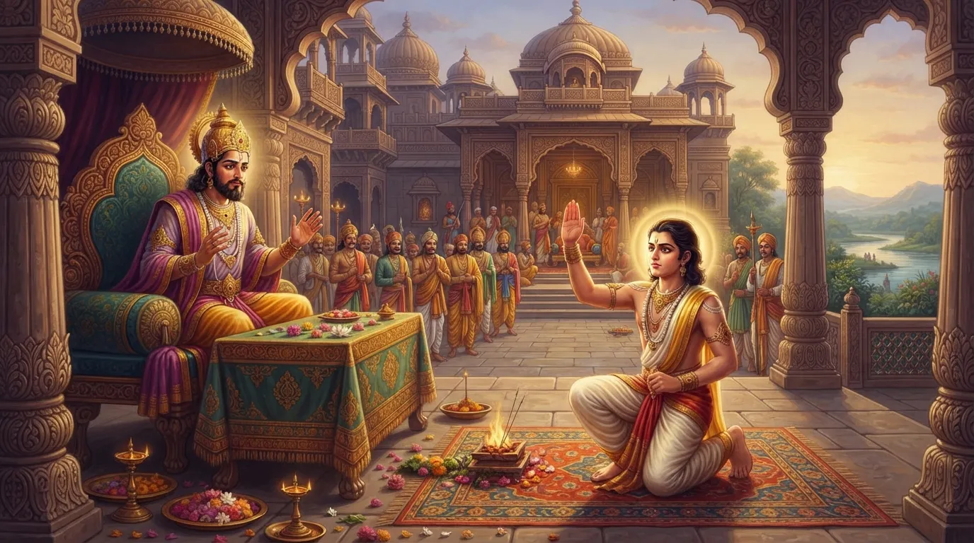 युवा देवव्रत (भीष्म) अपने पिता शांतनु के सामने प्रतिज्ञा ले रहे हैं, उनकी आँखों में दृढ़ निश्चय और त्याग का भाव है, पृष्ठभूमि में हस्तिनापुर का राजमहल है।