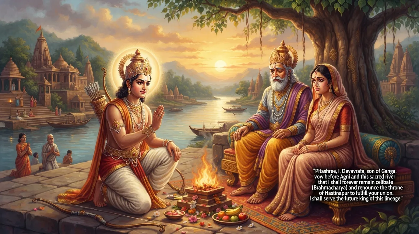 एक युवा देवव्रत (भीष्म) अपने पिता शांतनु और सत्यवती के सामने अपनी कठोर प्रतिज्ञा ले रहे हैं। उनकी आँखों में दृढ़ संकल्प है और पृष्ठभूमि में शांत गंगा नदी बह रही है।