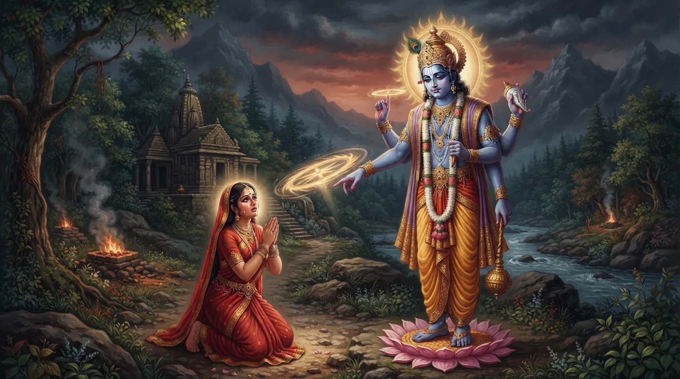 भगवान विष्णु अपने सुदर्शन चक्र से भृगु ऋषि की पत्नी ख्याति पर प्रहार करने के धर्म संकट में, उनके चेहरे पर कर्तव्य और दुःख का मिला-जुला भाव।