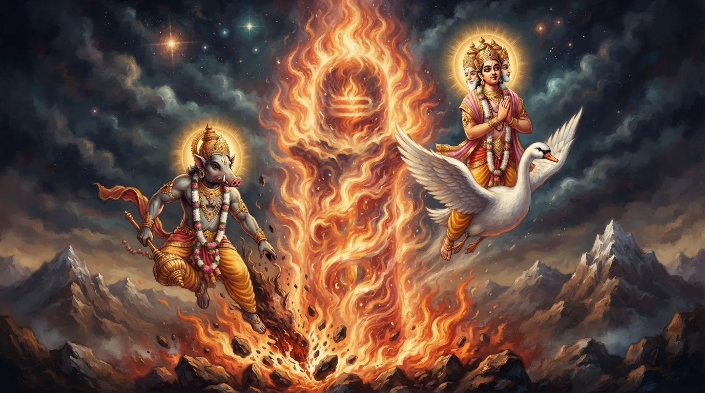 एक विशाल, अनंत अग्नि स्तंभ (शिवलिंग) जिसके एक ओर भगवान विष्णु वराह रूप में नीचे की ओर जा रहे हैं और दूसरी ओर ब्रह्मा जी हंस पर बैठकर ऊपर की ओर जा रहे हैं।