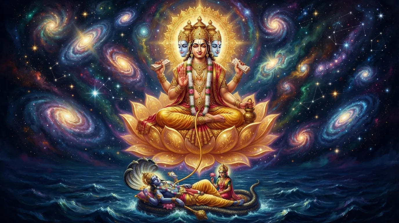 एक विशाल सुनहरे कमल पर बैठे चार मुख वाले ब्रह्मा जी, जिनकी नाभि भगवान विष्णु से जुड़ी है, और उनके चारों ओर नए बनते हुए तारे और रंगीन आकाशगंगाएं (nebulae) दिख रही हैं।