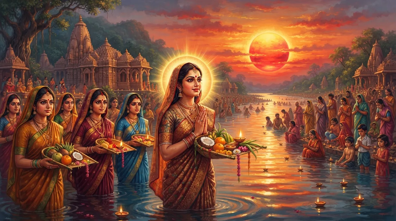 शाम के समय नदी के पानी में सूप लिए खड़े श्रद्धालु और डूबते हुए लाल सूर्य का दृश्य