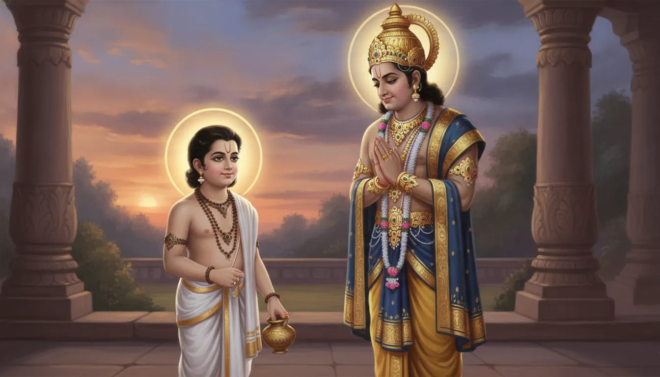 एक छोटे कद के ब्राह्मण बालक हाथ में कमंडल लिए खड़े हैं, उनके सामने एक शक्तिशाली राजा बलि सम्मानपूर्वक खड़े हैं