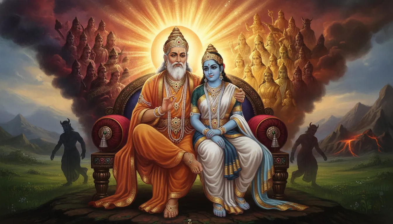 महर्षि कश्यप अपनी पत्नियों अदिति और दिति के साथ बैठे हैं। अदिति के पीछे से सुनहरी रोशनी निकल रही है जो देवताओं का प्रतीक है, और दिति के पीछे से गहरे रंग का धुआँ, जो असुरों की ऊर्जा को दर्शाता है।