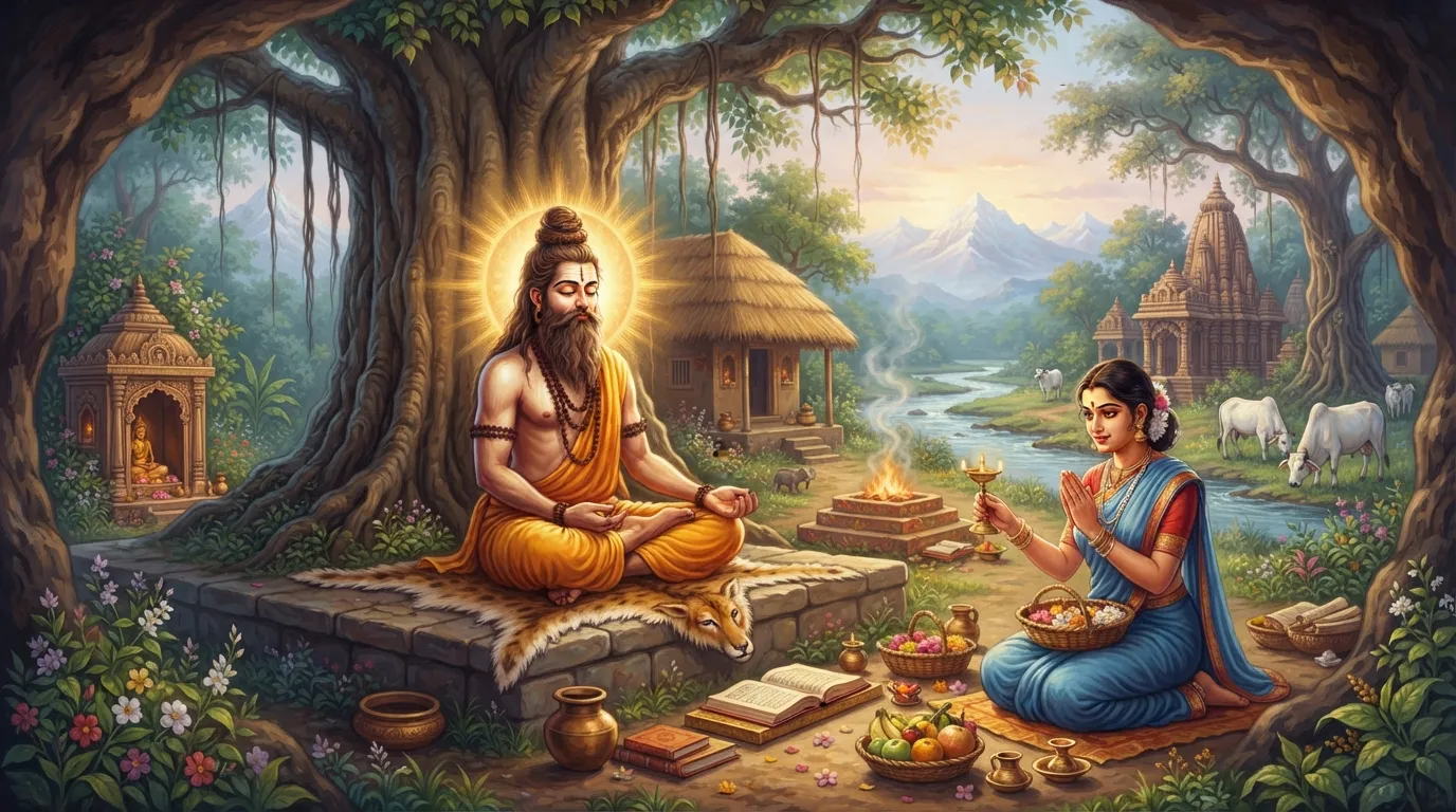 एक शांत और सुंदर आश्रम का दृश्य, जहाँ एक तेजस्वी ऋषि गौतम ध्यान में बैठे हैं और पास ही देवी अहिल्या सादगीपूर्ण वस्त्रों में पूजा की तैयारी कर रही हैं। आसपास का वातावरण पवित्र और निर्मल है।