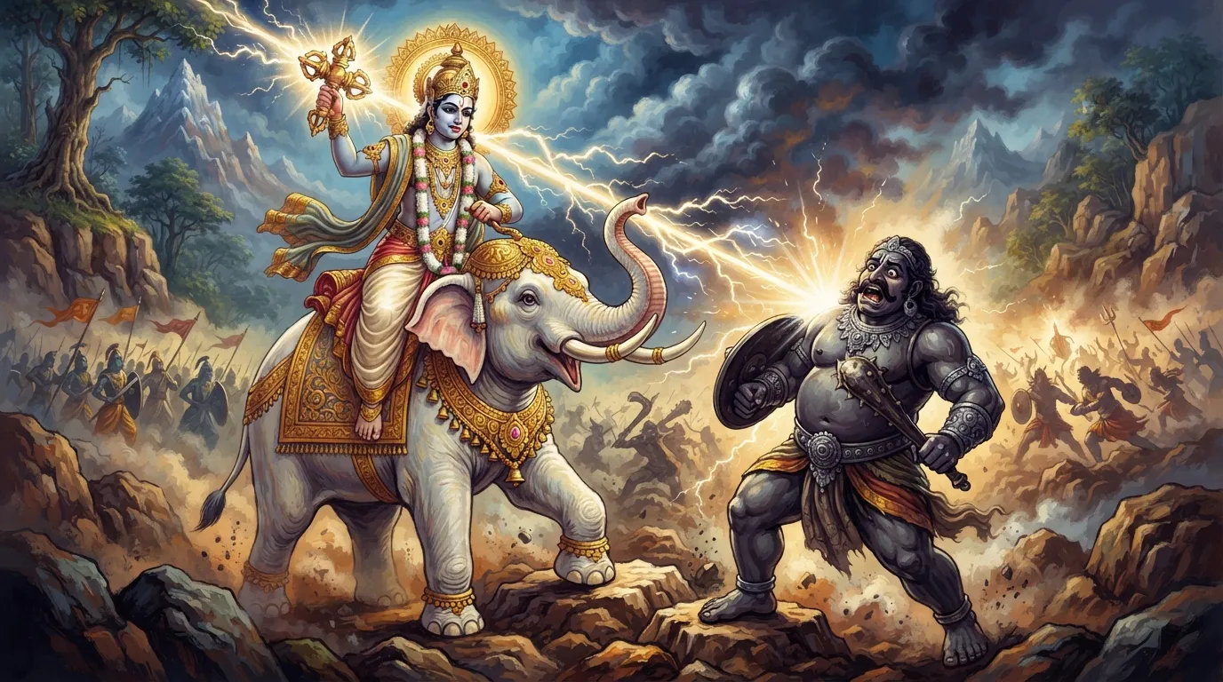भगवान इंद्र अपने वाहन ऐरावत पर विराजमान हैं, उनके हाथ में दिव्य वज्र है जिससे बिजली की किरणें निकल रही हैं, और सामने वृत्रासुर भयभीत खड़ा है।