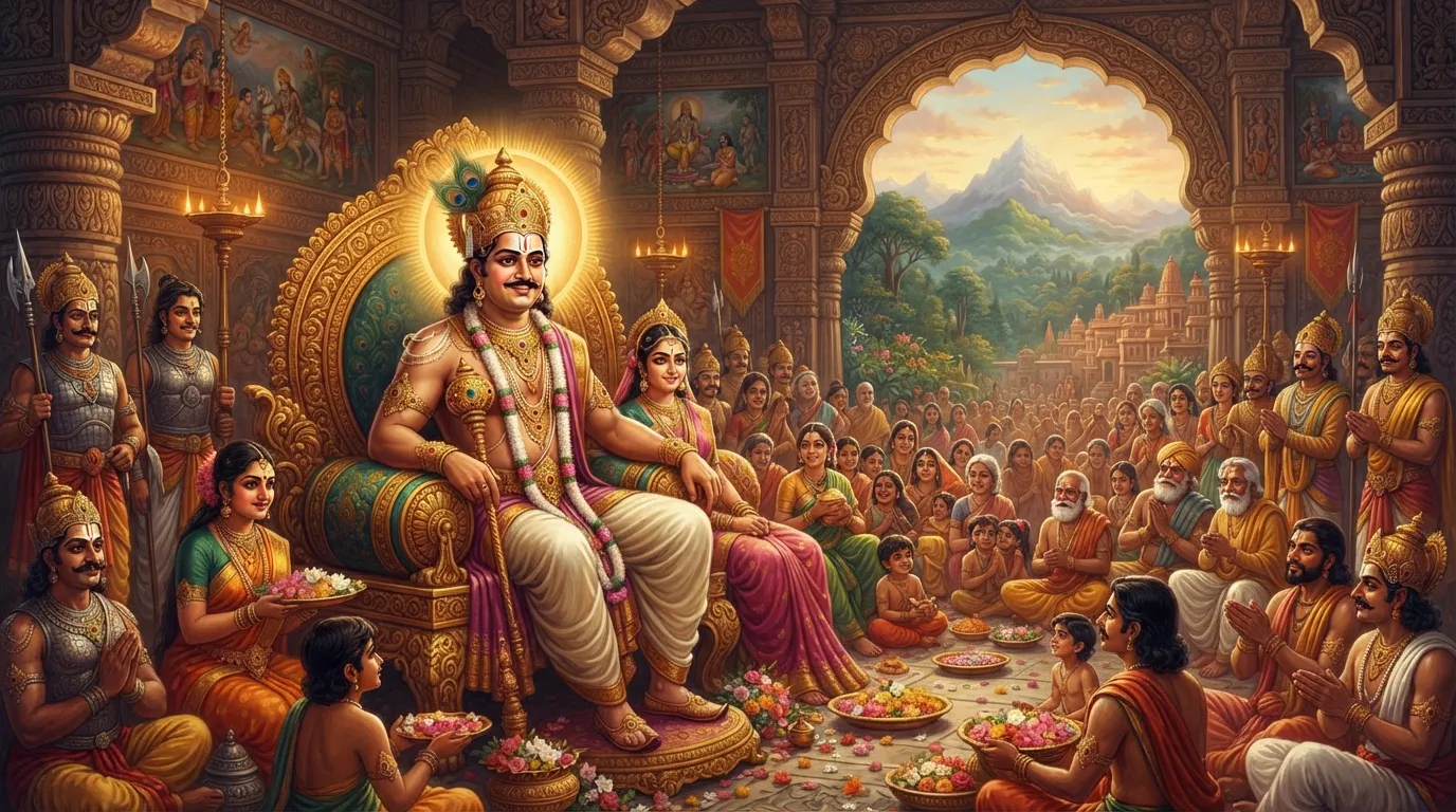 असुर राजा बलि अपनी राजसभा में सुनहरे सिंहासन पर बैठे हैं। उनका मुखमंडल तेजस्वी है और वे न्यायप्रिय दिख रहे हैं। उनके आसपास उनकी प्रजा खुशी से रह रही है।
