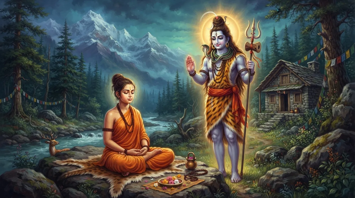 हिमालय की शांत वादियों में एक कुटिया के बाहर, युवा तपस्विनी नलयनी गेरुए वस्त्रों में गहन ध्यान में लीन हैं। उनके सामने भगवान शिव एक सौम्य और दिव्य रूप में प्रकट हुए हैं, उनका एक हाथ वरदान की मुद्रा में उठा हुआ है।