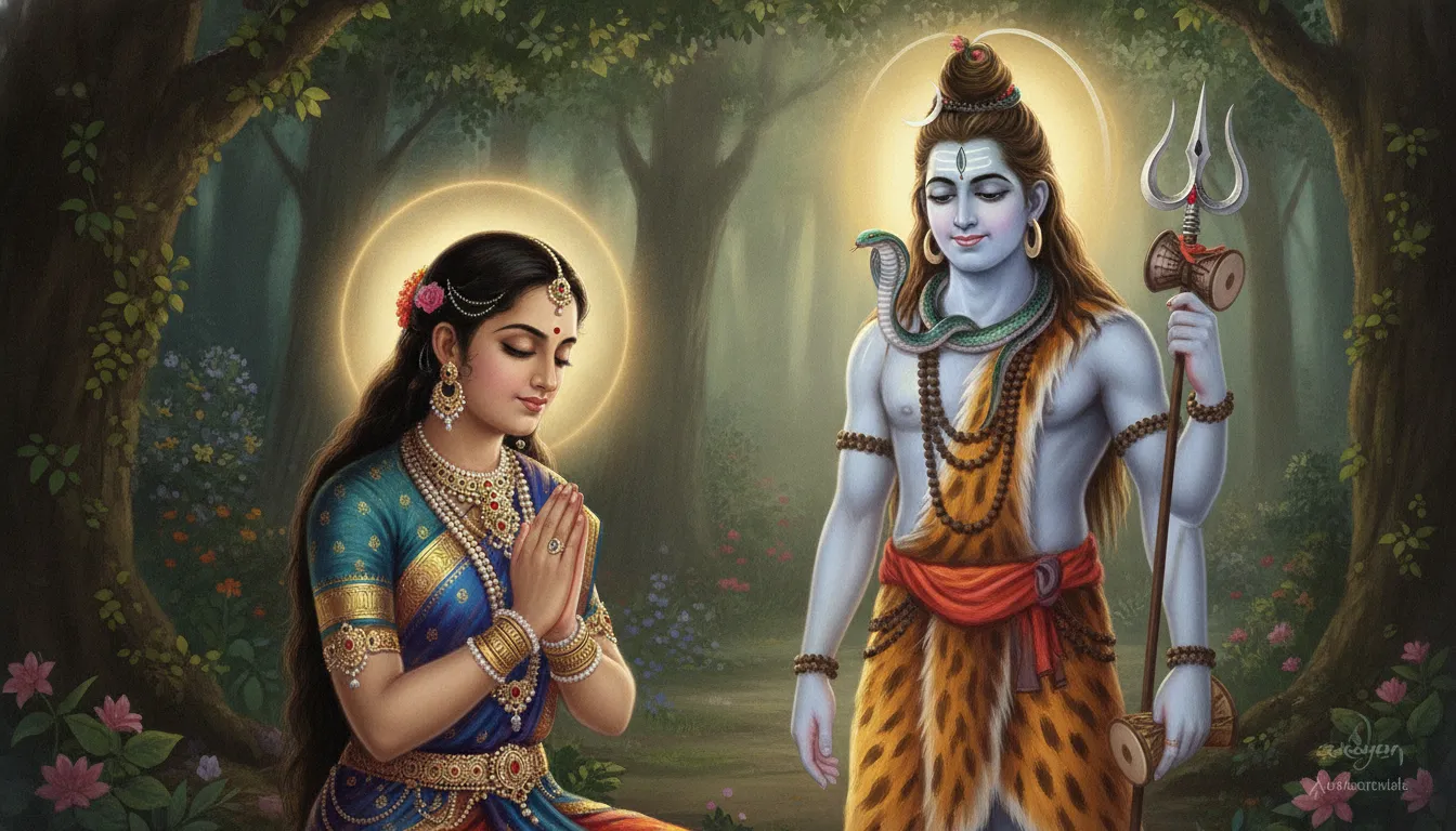 द्रौपदी, अपने पिछले जन्म में ना लयनी के रूप में, भगवान शिव की गहन भक्ति में लीन हैं, हाथ जोड़े हुए और आँखें बंद किए हुए। भगवान शिव उनके सामने एक सौम्य मुस्कान के साथ प्रकट होते हुए दिखाई दे रहे हैं, उनके गले में नीले रंग का साँप और माथे पर अर्धचंद्र है।