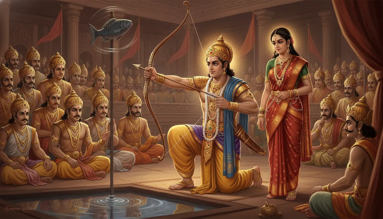 द्रौपदी के स्वयंवर में अर्जुन धनुष पर प्रत्यंचा चढ़ाकर, घूमती हुई मछली की आंख पर ध्यान केंद्रित कर रहे हैं, पानी में प्रतिबिंब देख रहे हैं। द्रौपदी पास में खड़ी हैं, सभी राजा और राजकुमार उत्सुकता से देख रहे हैं।